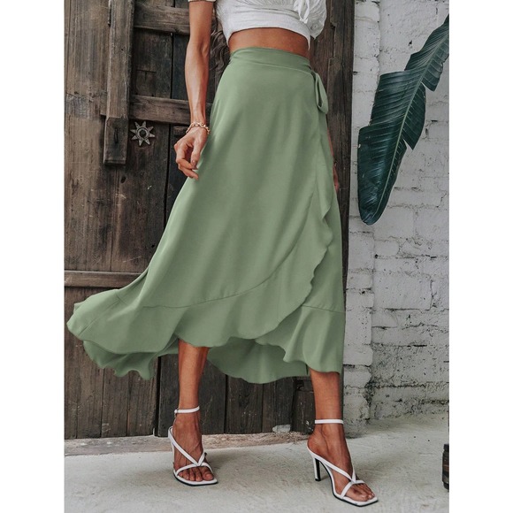 Solid minimalist Wrap Hem Tie Side high low midi skirt - Picture 10 of 11